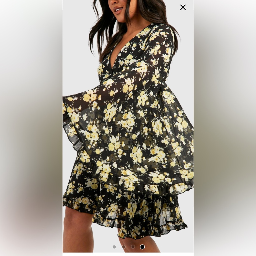 Boohoo Plus Black and Yellow Floral Wide Sleeve Skater Dress Size 16 - Picture 4 of 10